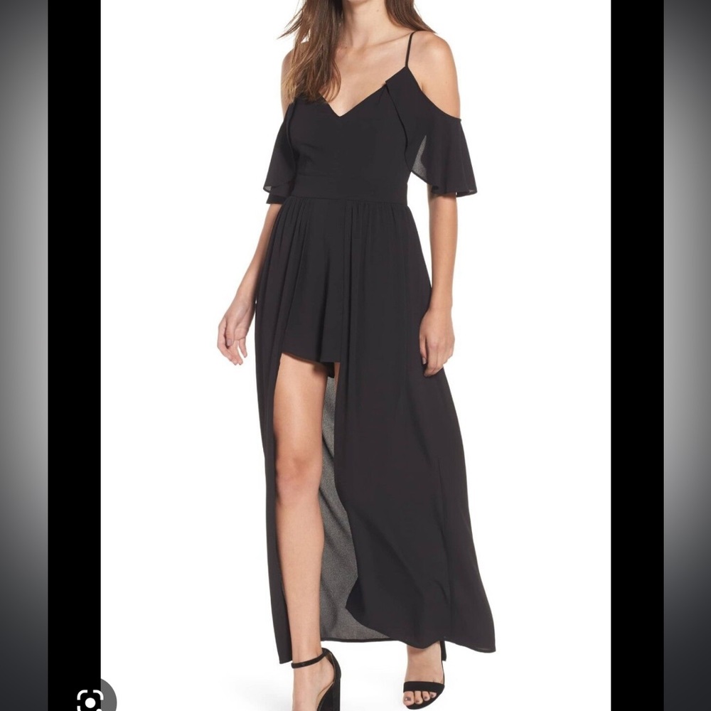 NWT - SOCIALITE Black Cold Shoulder Flutter Sleeve Asymmetric Hi/Lo Maxi Romper